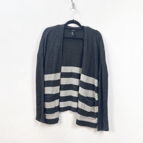 Forever 21 Large Womens Dark Gray Ivory Striped Waffle Knit Cardigan Sweater - Picture 1 of 8